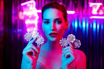 A stylish woman beside vibrant slot machines displaying glowing sevens, showcasing the variety of top slots at 333OKK.